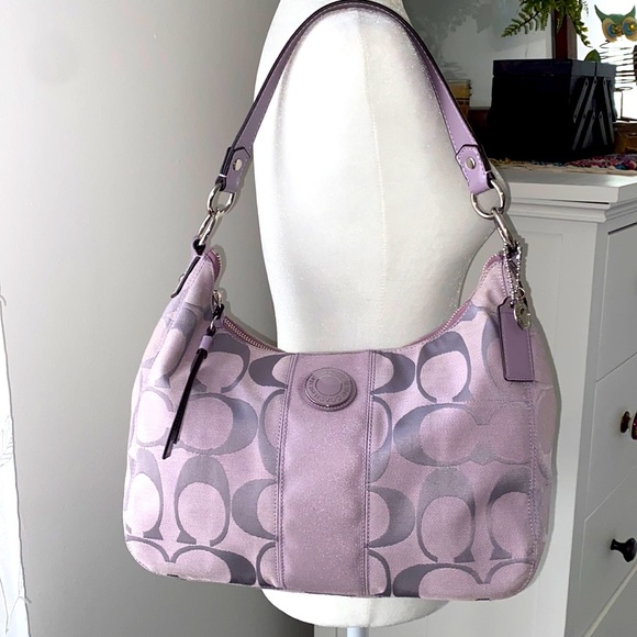 Coach Handbags - Coach Purple Lavender Signature Stripe Convertible Hobo Bag #F19281